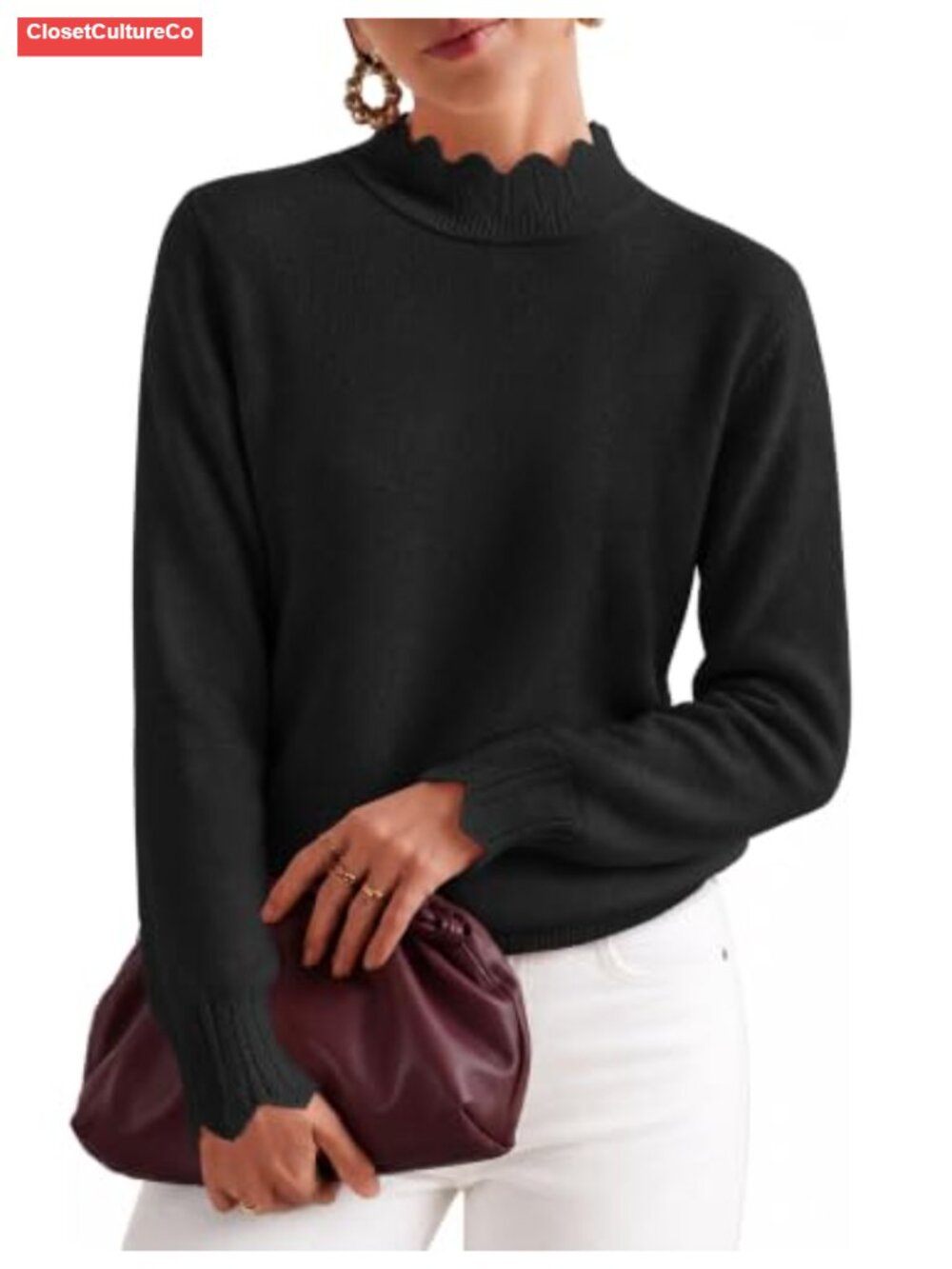 Scalloped Mock Neck Pullover Sweater Puff Sleeve Ruffle Knit